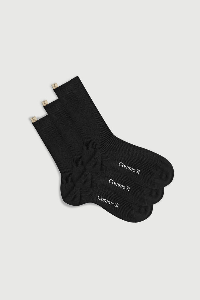 The merino trio in jet black, set of three merino wool socks, by Comme Si